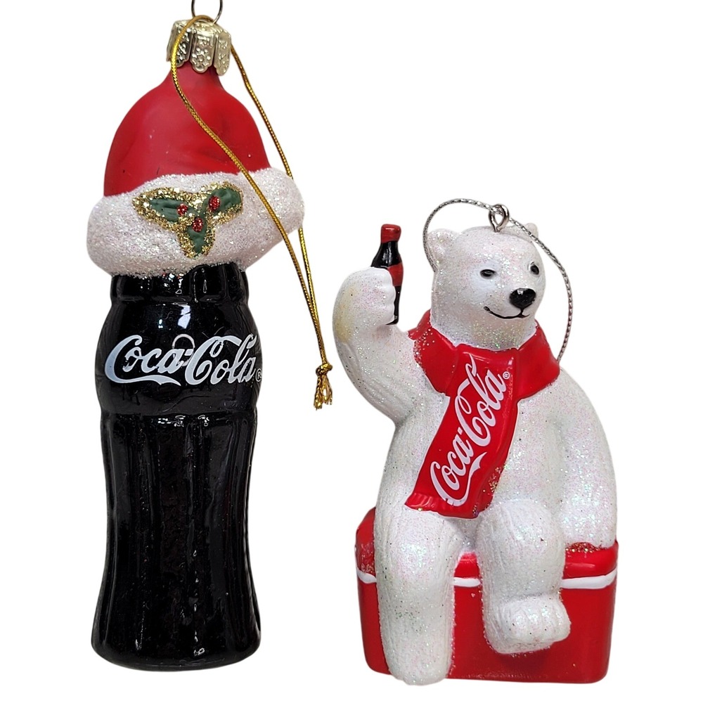 Lot 2 Coca Cola Christmas Ornaments Polar Bear Kurt Adler Santa Hat Bottle Coke